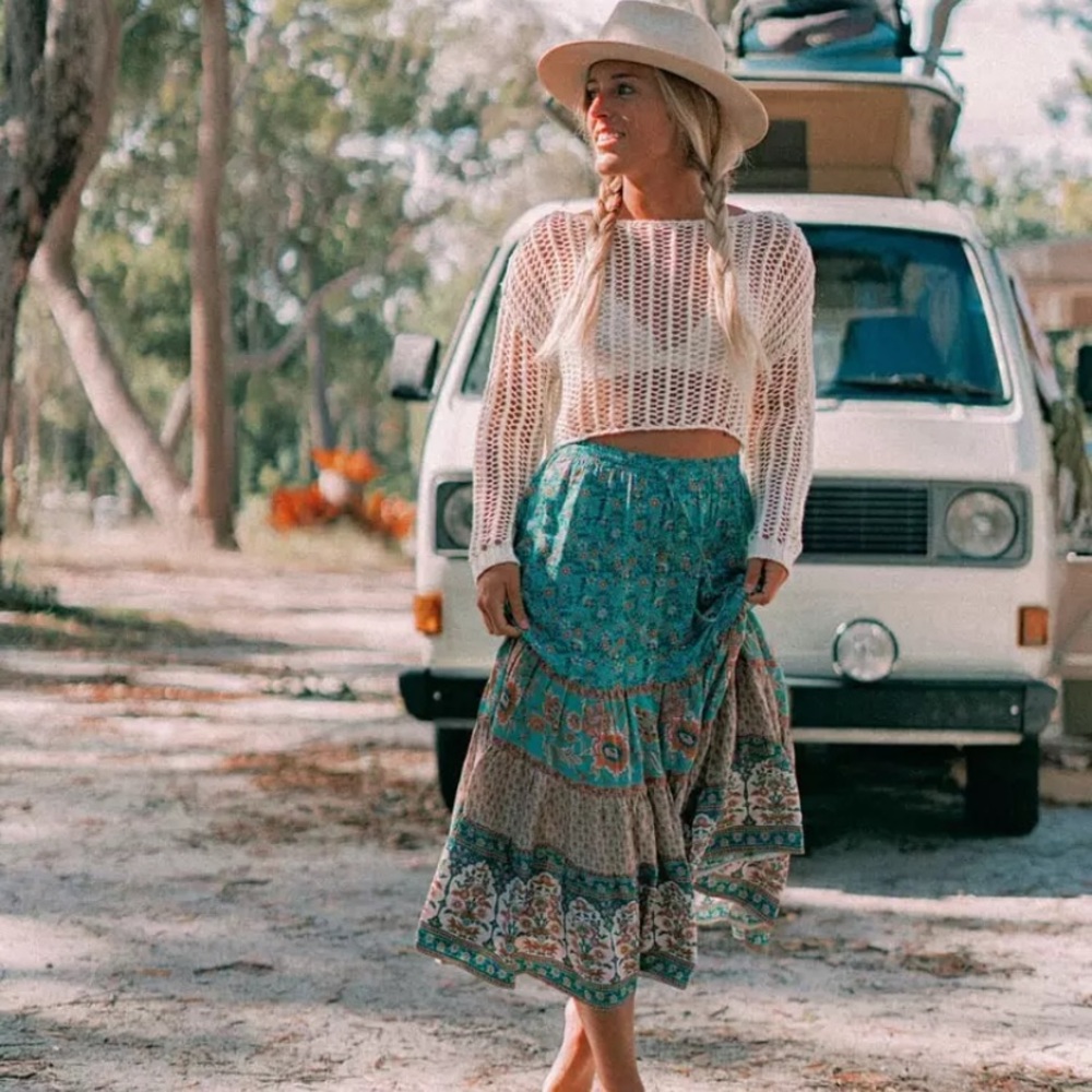 Bohemian Teal Floral Tiered Maxi Skirt